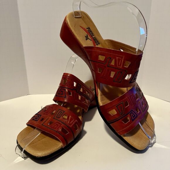 Pikolinos Women's Sandals Red 40 US 8 Aztec Cutout Embroidered Straps Open-Toe - Picture 2 of 8